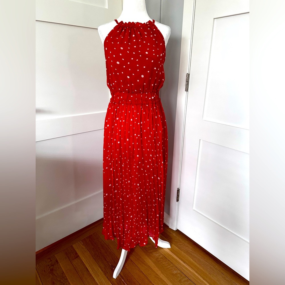 Glam size S red with white polka dot halter midi dress.  Elastic waist.